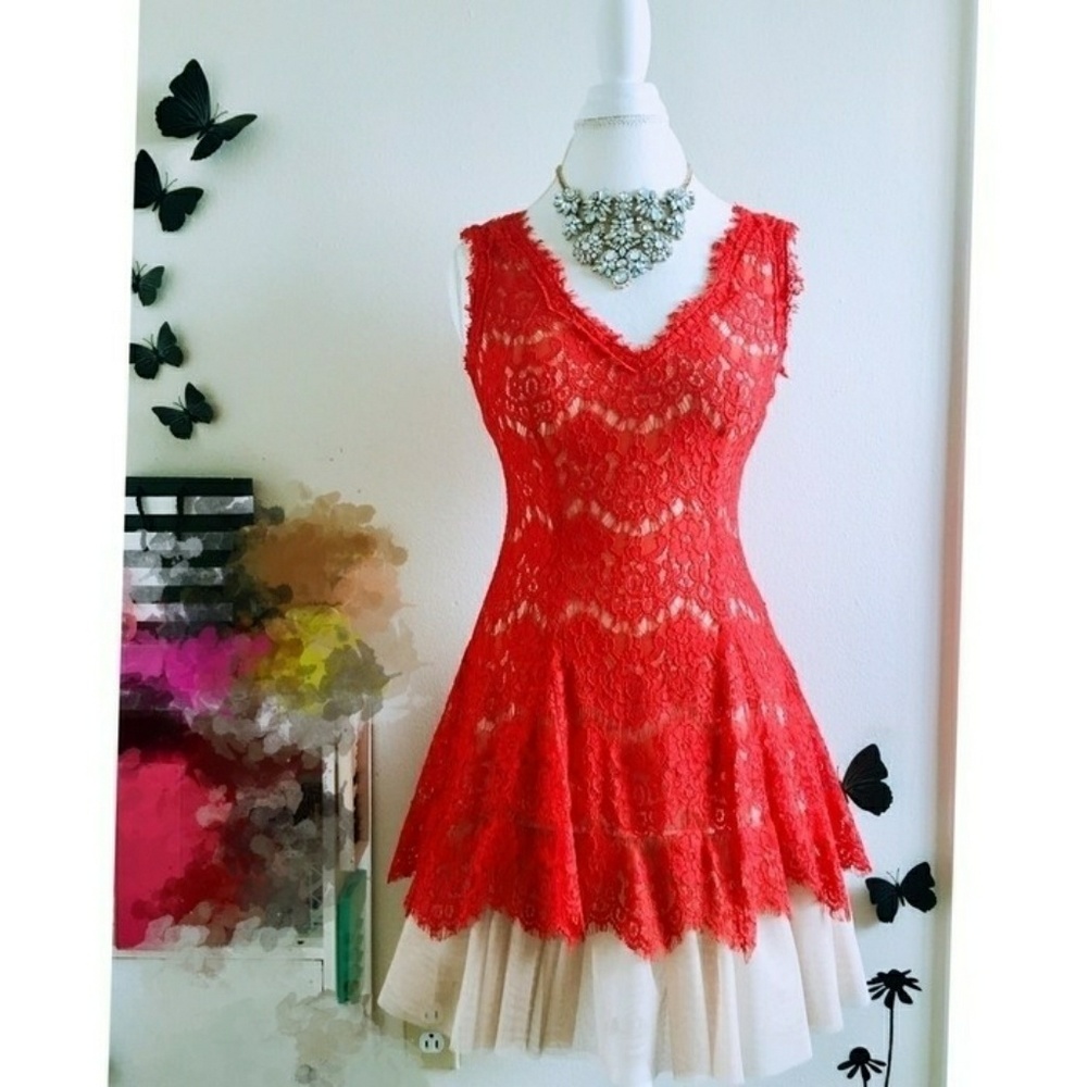 Betsy and Adam Lace Overlay Tulle A Line Dress